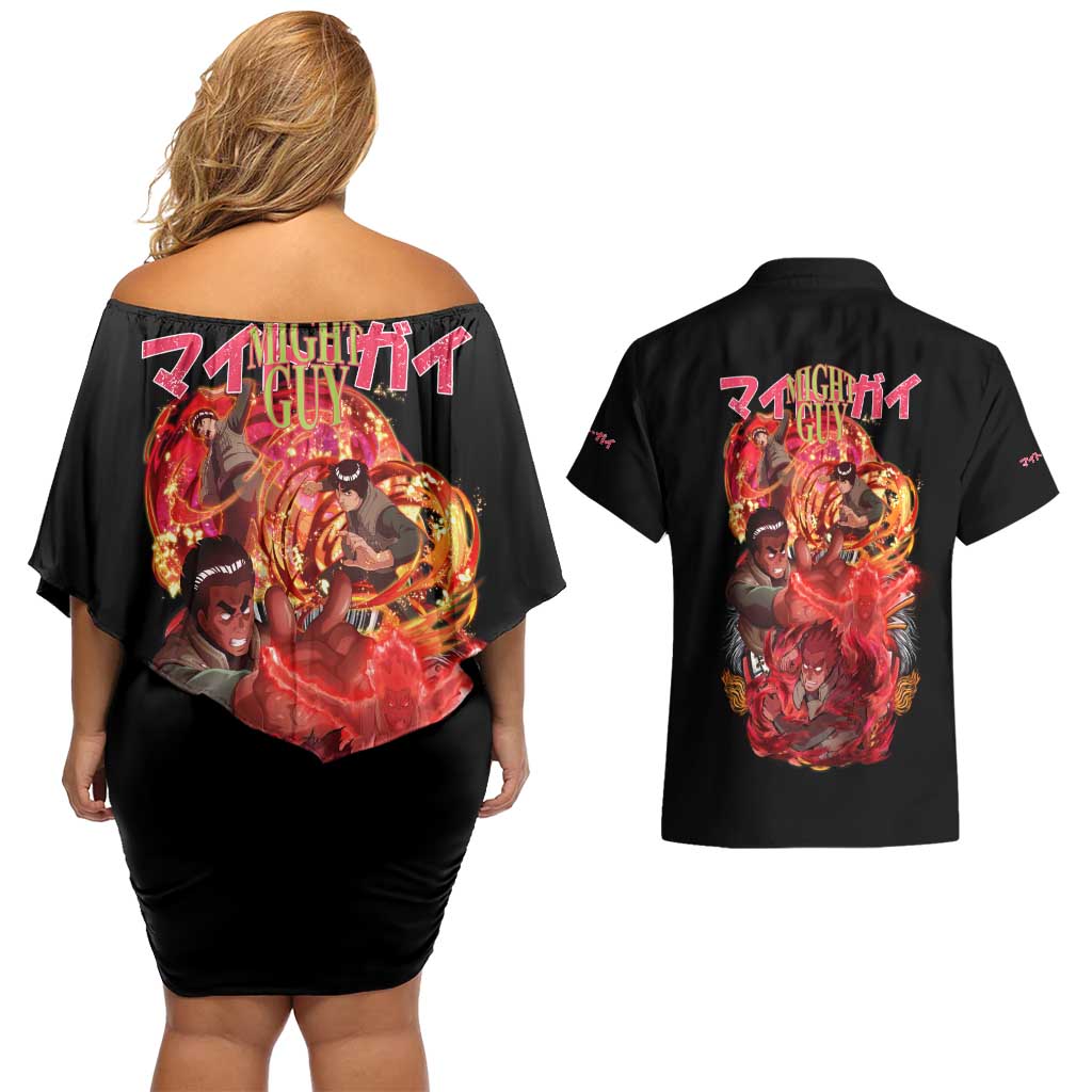 Might Guy V2 Naruto Couples Matching Off Shoulder Short Dress and Hawaiian Shirt Japan Anime Style - The Mazicc