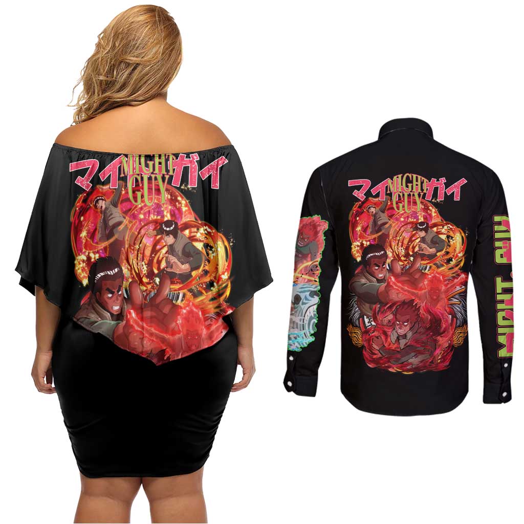 Might Guy V2 Naruto Couples Matching Off Shoulder Short Dress and Long Sleeve Button Shirt Japan Anime Style - The Mazicc