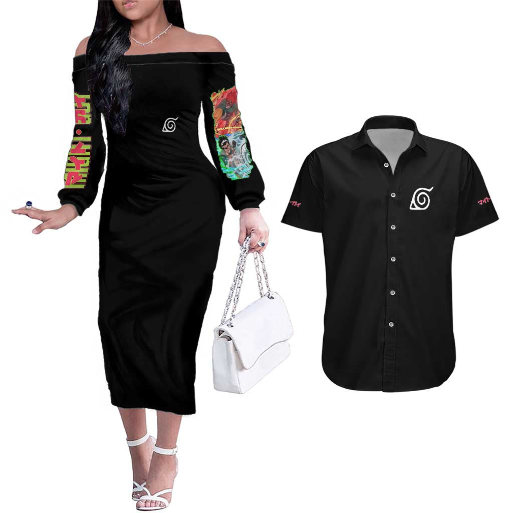 Might Guy V2 Naruto Couples Matching Off The Shoulder Long Sleeve Dress and Hawaiian Shirt Japan Anime Style - The Mazicc