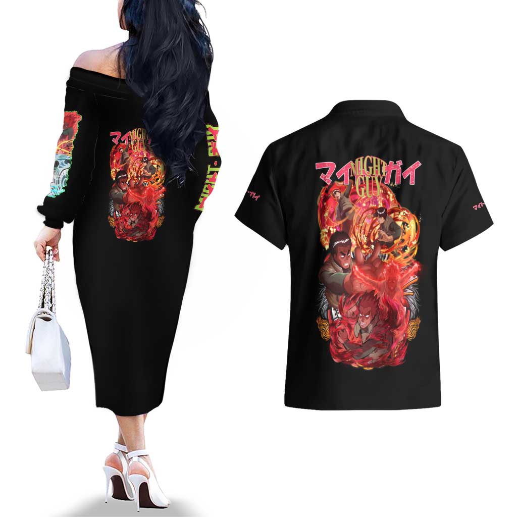 Might Guy V2 Naruto Couples Matching Off The Shoulder Long Sleeve Dress and Hawaiian Shirt Japan Anime Style - The Mazicc