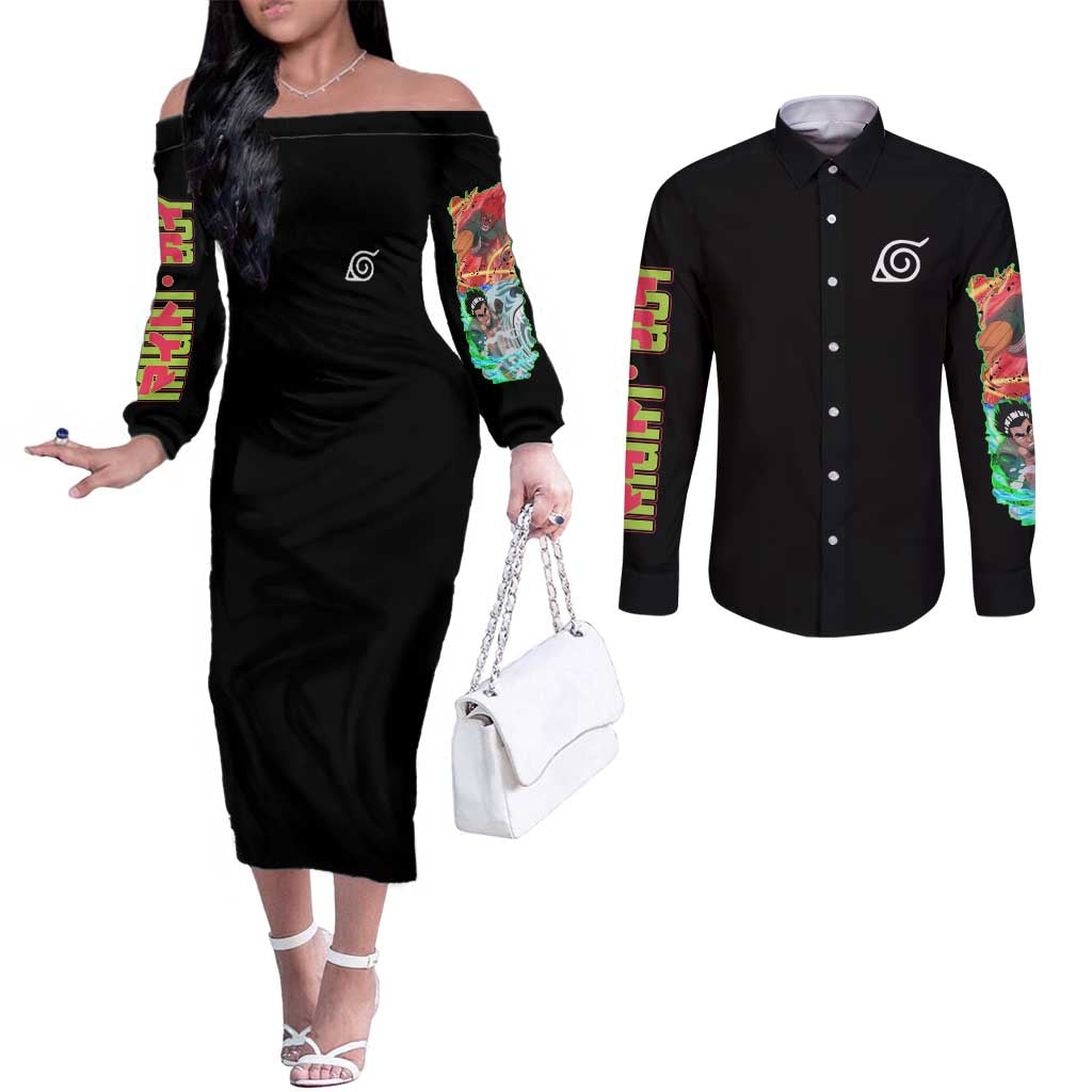 Might Guy V2 Naruto Couples Matching Off The Shoulder Long Sleeve Dress and Long Sleeve Button Shirt Japan Anime Style - The Mazicc