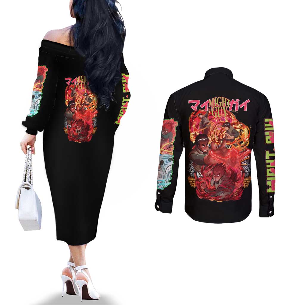 Might Guy V2 Naruto Couples Matching Off The Shoulder Long Sleeve Dress and Long Sleeve Button Shirt Japan Anime Style - The Mazicc