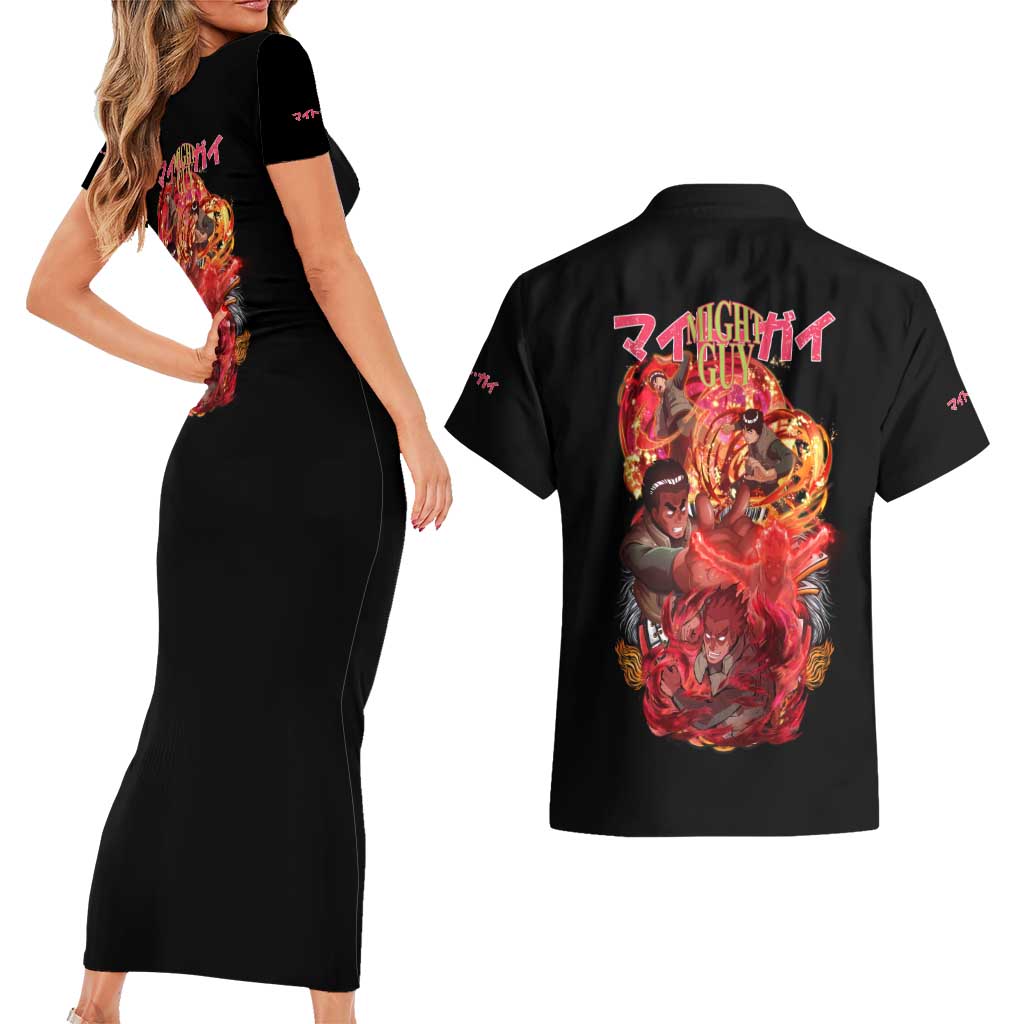 Might Guy V2 Naruto Couples Matching Short Sleeve Bodycon Dress and Hawaiian Shirt Japan Anime Style - The Mazicc