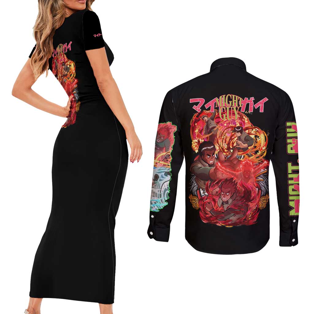 Might Guy V2 Naruto Couples Matching Short Sleeve Bodycon Dress and Long Sleeve Button Shirt Japan Anime Style - The Mazicc