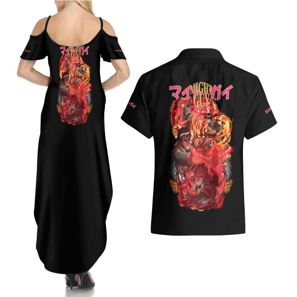 Might Guy V2 Naruto Couples Matching Summer Maxi Dress and Hawaiian Shirt Japan Anime Style - The Mazicc