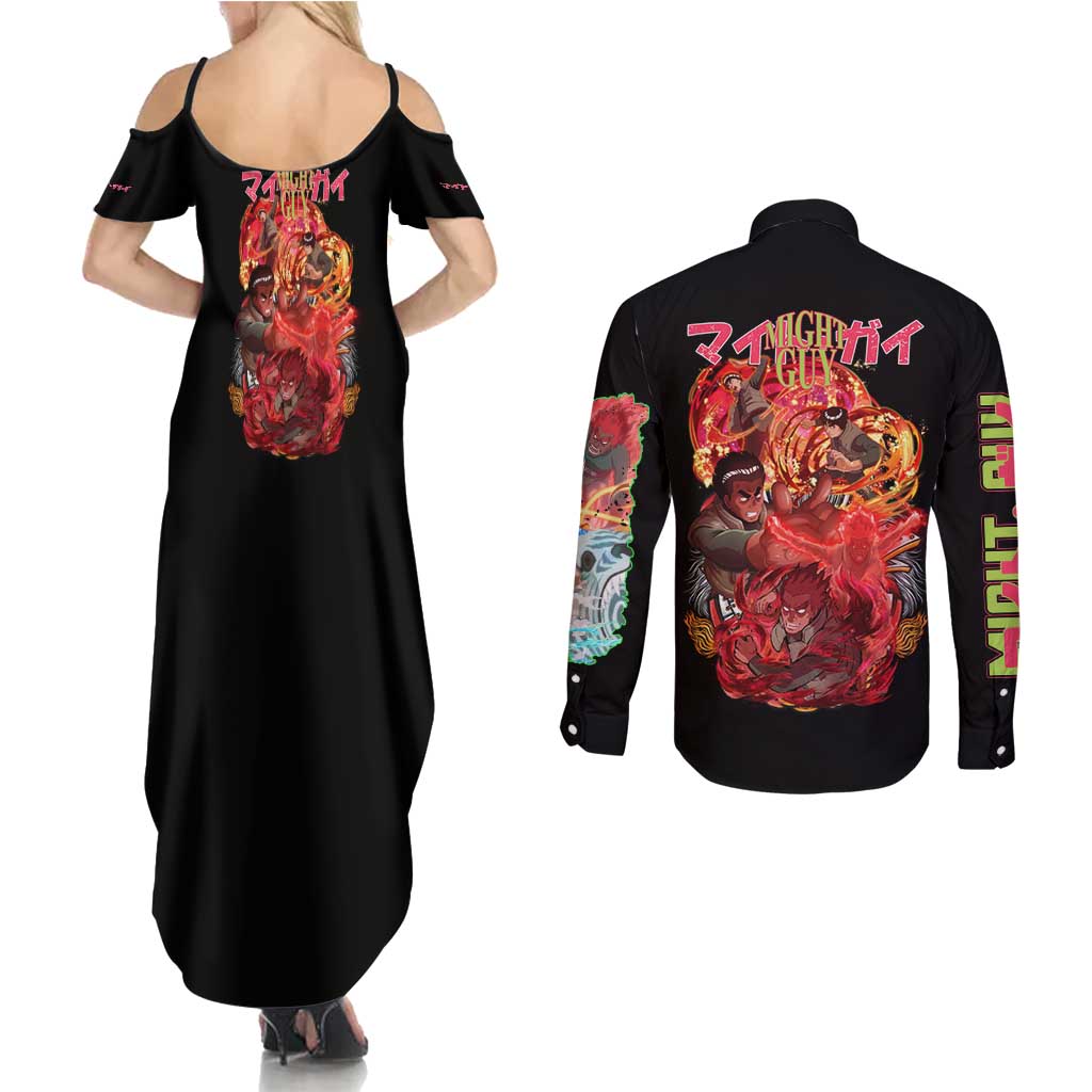 Might Guy V2 Naruto Couples Matching Summer Maxi Dress and Long Sleeve Button Shirt Japan Anime Style - The Mazicc