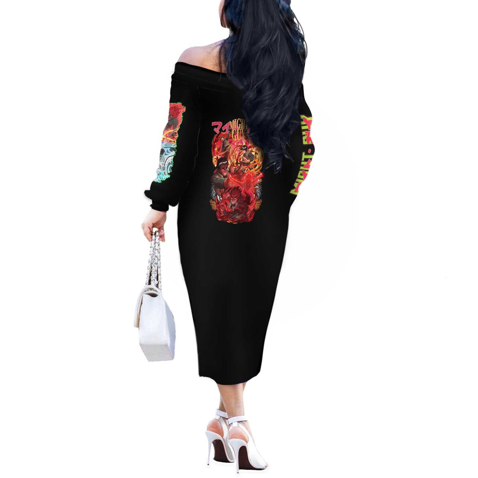 Might Guy V2 Naruto Off The Shoulder Long Sleeve Dress Japan Anime Style - The Mazicc