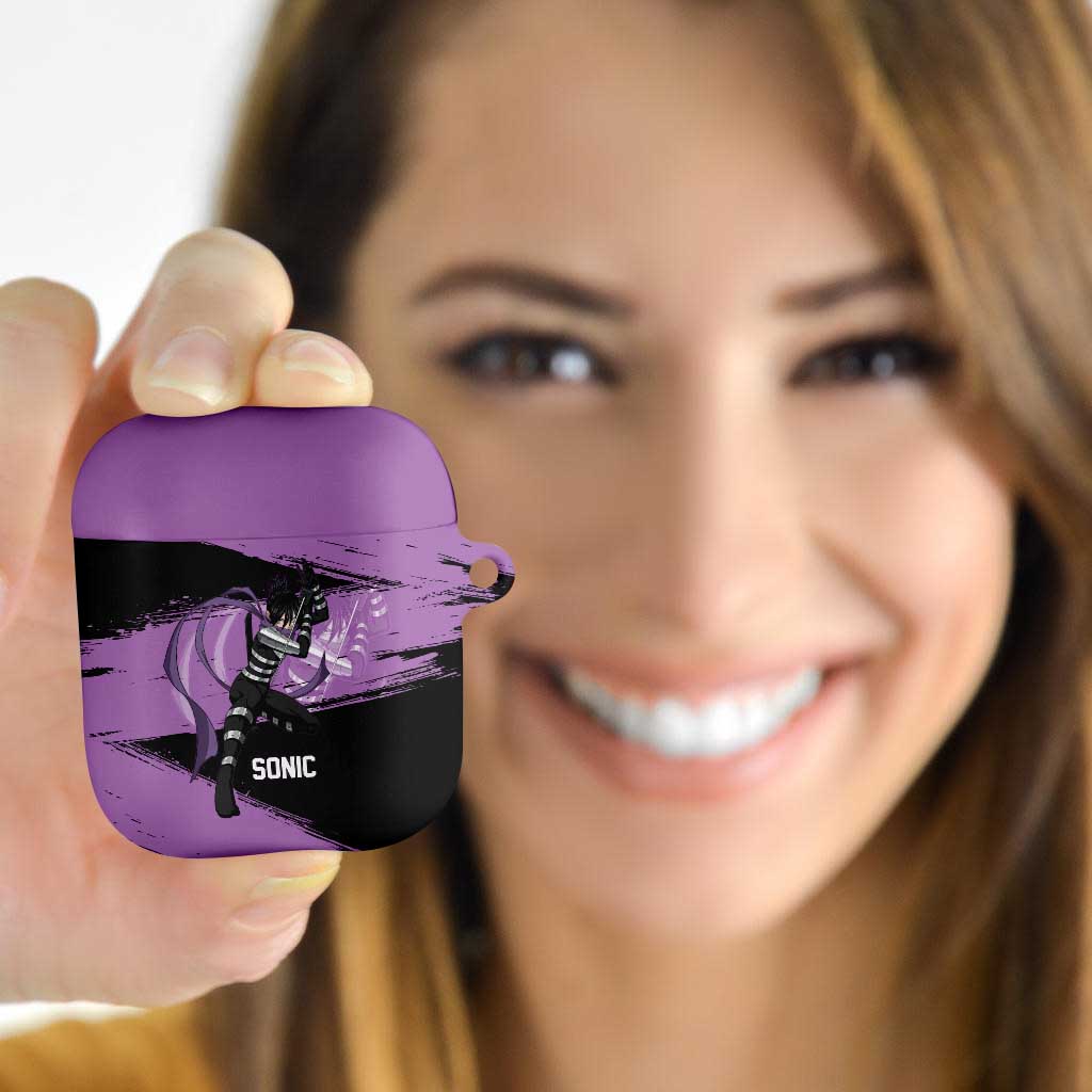 Sonic One Punch Man Anime Purple and Black Theme AirPods Case with Stealth Pose and High-Speed Ninja Design - The Mazicc