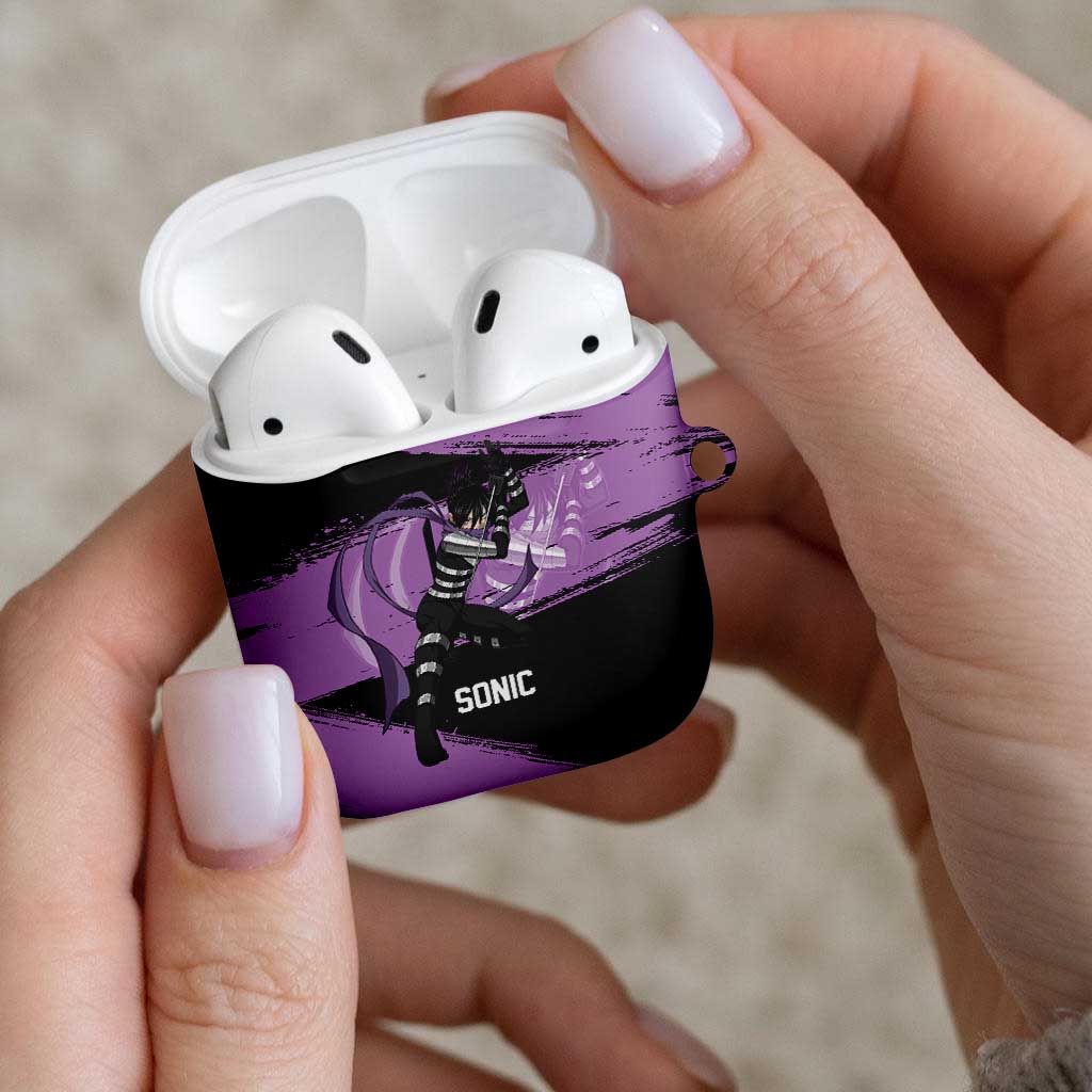 Sonic One Punch Man Anime Purple and Black Theme AirPods Case with Stealth Pose and High-Speed Ninja Design - The Mazicc