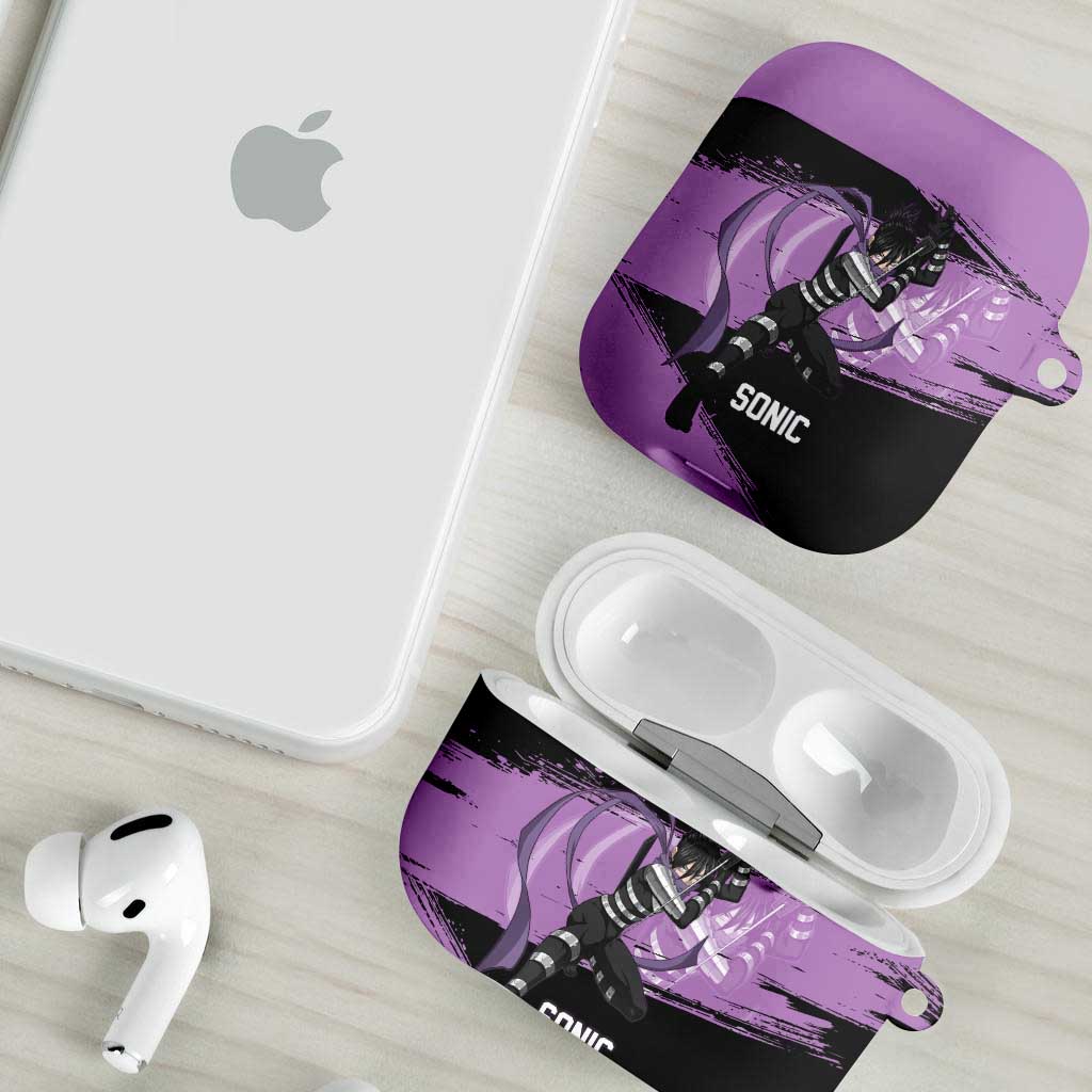 Sonic One Punch Man Anime Purple and Black Theme AirPods Case with Stealth Pose and High-Speed Ninja Design - The Mazicc