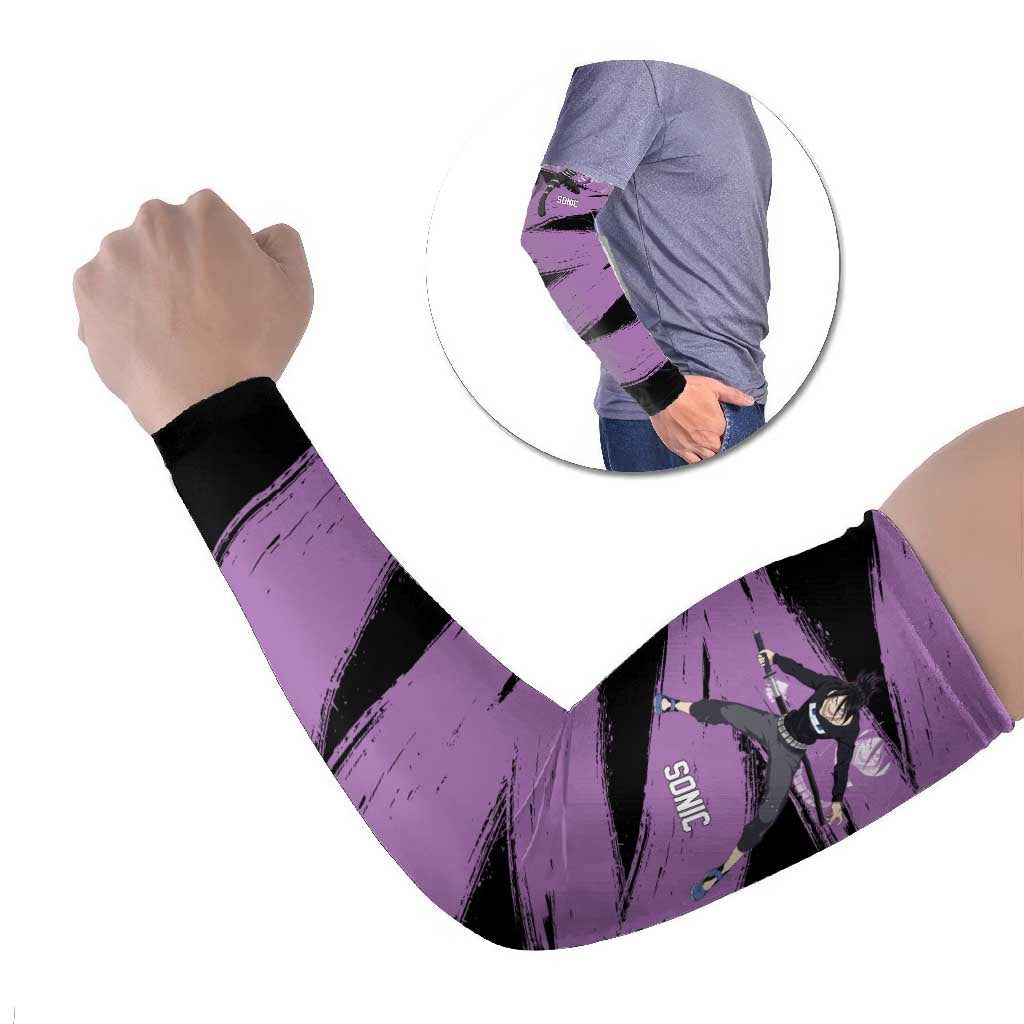 Sonic One Punch Man Anime Purple and Black Theme Arm Sleeves with Stealth Pose and High-Speed Ninja Design - The Mazicc