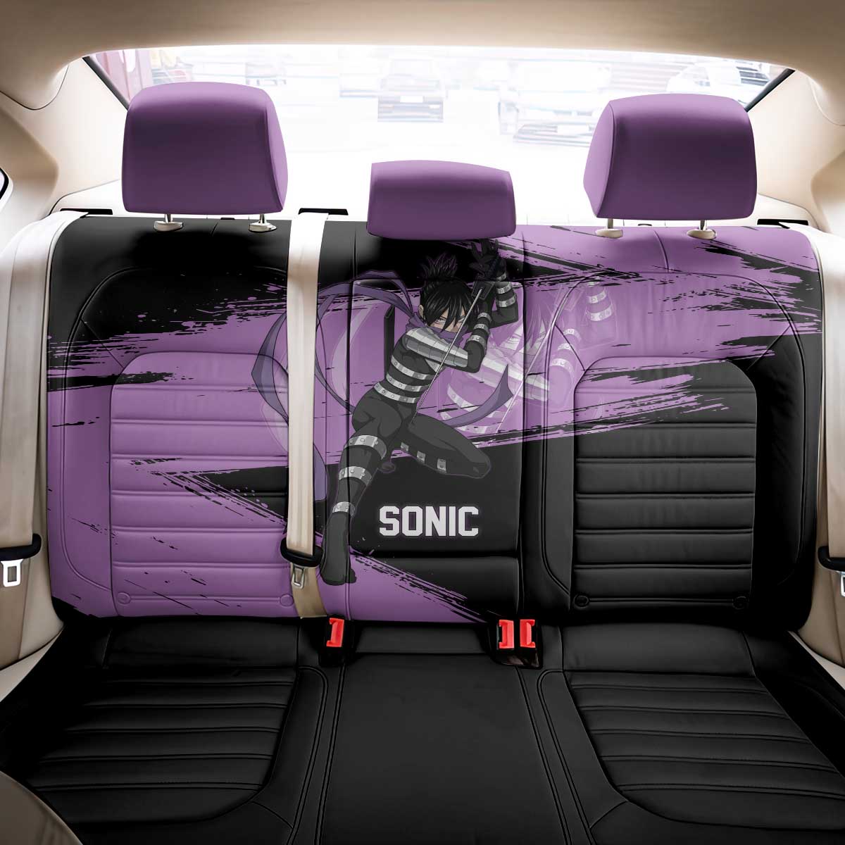 Sonic One Punch Man Anime Purple and Black Theme Back Car Seat Cover with Stealth Pose and High-Speed Ninja Design - The Mazicc