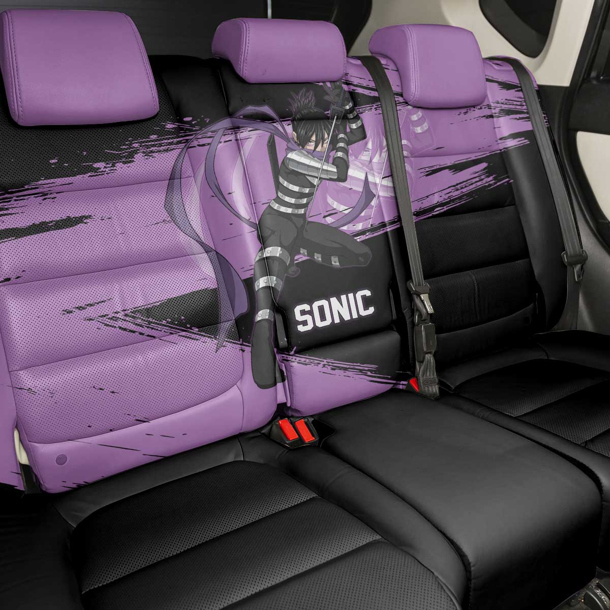 Sonic One Punch Man Anime Purple and Black Theme Back Car Seat Cover with Stealth Pose and High-Speed Ninja Design - The Mazicc