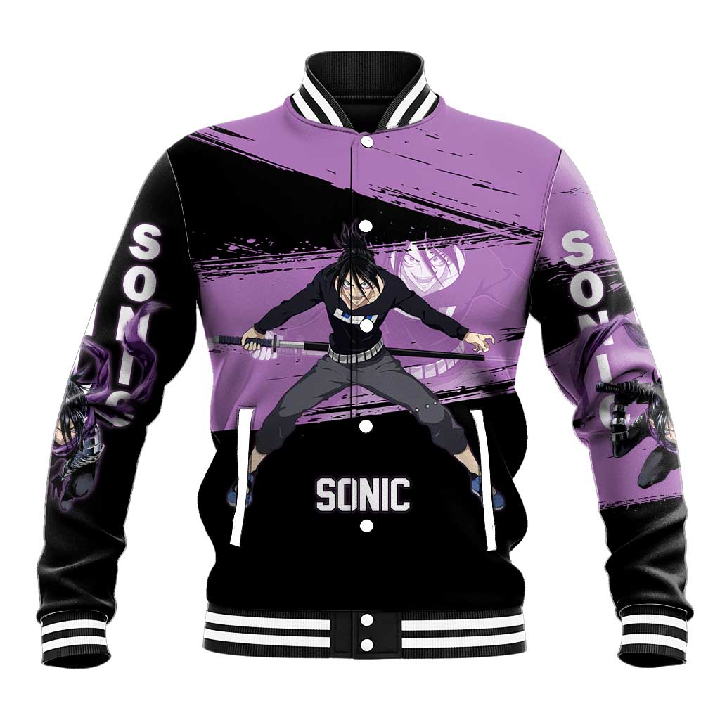 Sonic One Punch Man Anime Purple and Black Theme Baseball Jacket with Stealth Pose and High-Speed Ninja Design - The Mazicc