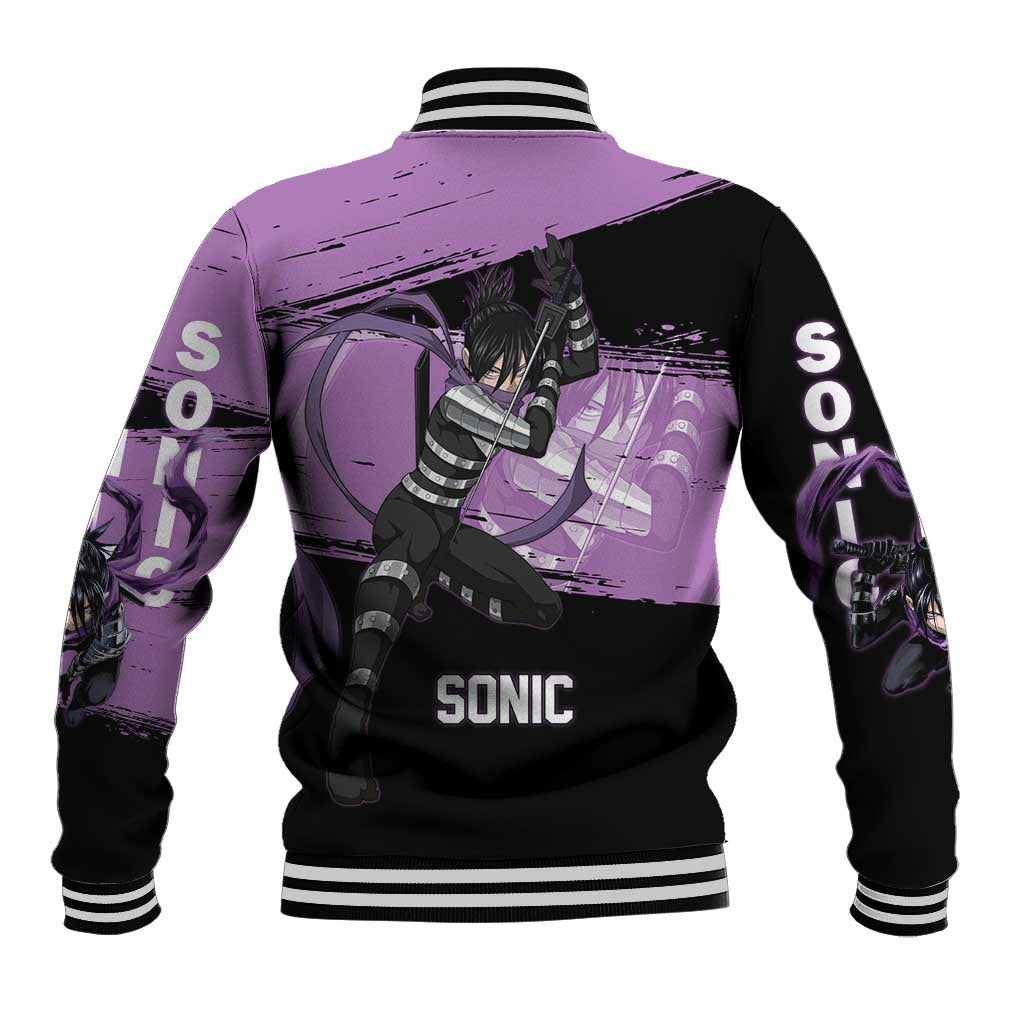 Sonic One Punch Man Anime Purple and Black Theme Baseball Jacket with Stealth Pose and High-Speed Ninja Design - The Mazicc