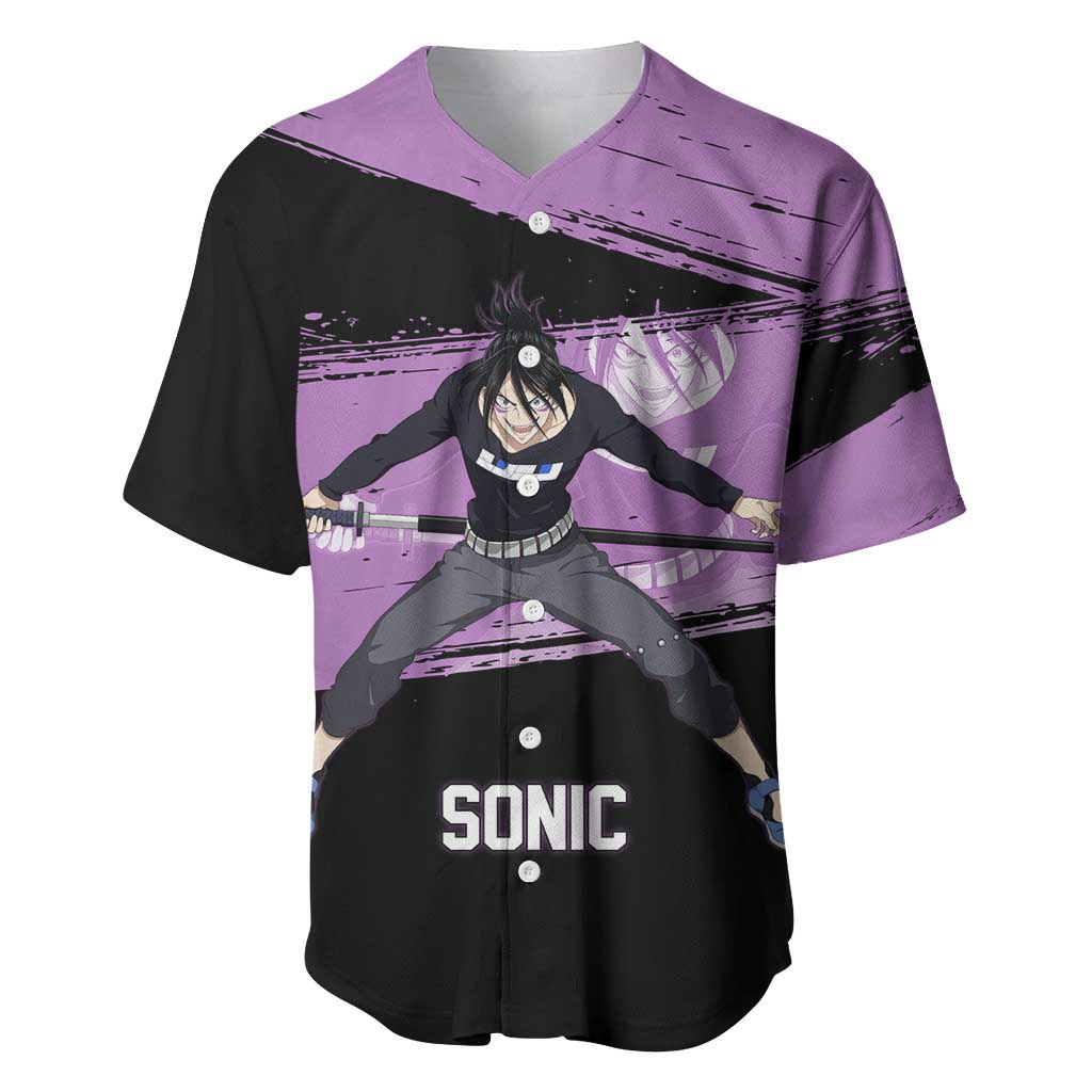 Sonic One Punch Man Anime Purple and Black Theme Baseball Jersey with Stealth Pose and High-Speed Ninja Design - The Mazicc