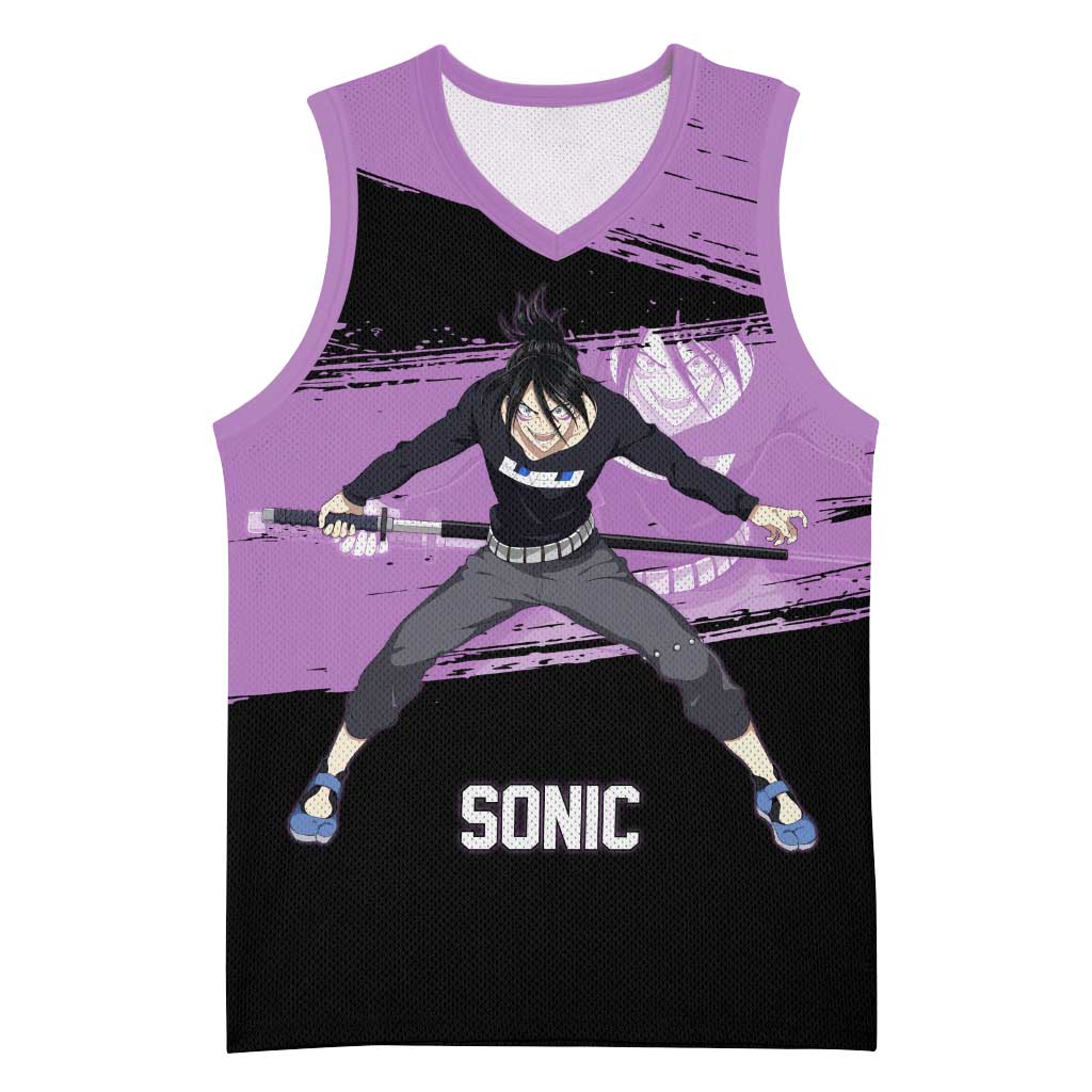 Sonic One Punch Man Anime Purple and Black Theme Basketball Jersey with Stealth Pose and High-Speed Ninja Design - The Mazicc