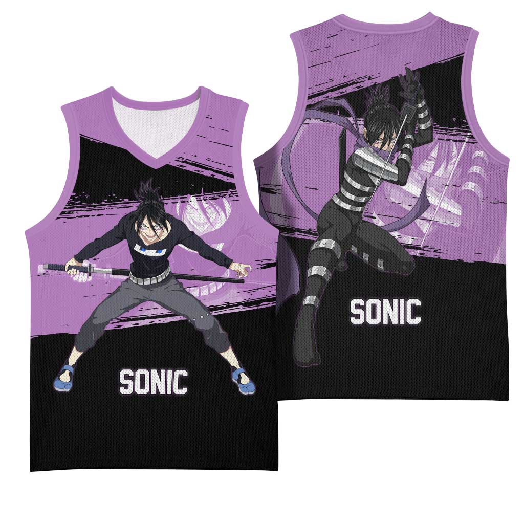 Sonic One Punch Man Anime Purple and Black Theme Basketball Jersey with Stealth Pose and High-Speed Ninja Design - The Mazicc