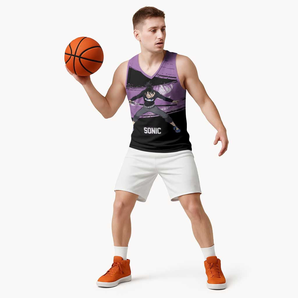 Sonic One Punch Man Anime Purple and Black Theme Basketball Jersey with Stealth Pose and High-Speed Ninja Design - The Mazicc