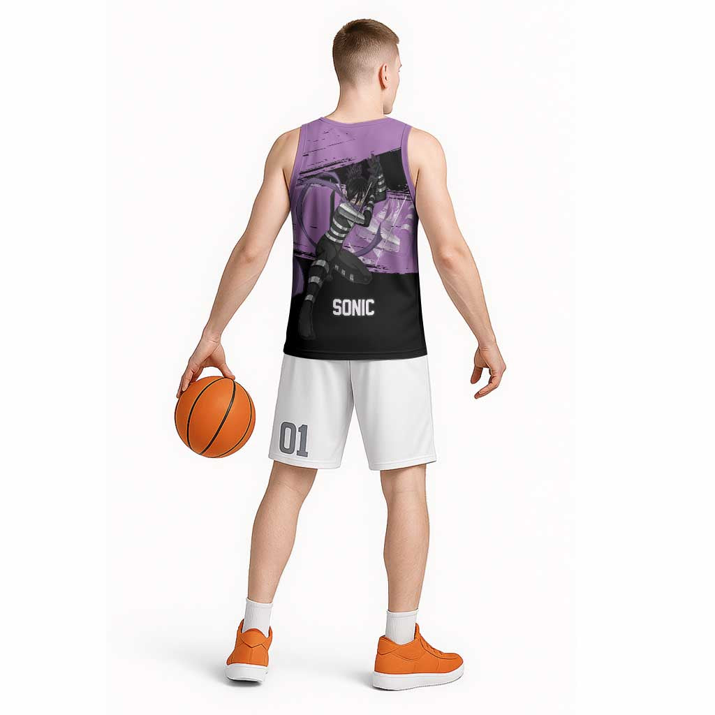 Sonic One Punch Man Anime Purple and Black Theme Basketball Jersey with Stealth Pose and High-Speed Ninja Design - The Mazicc