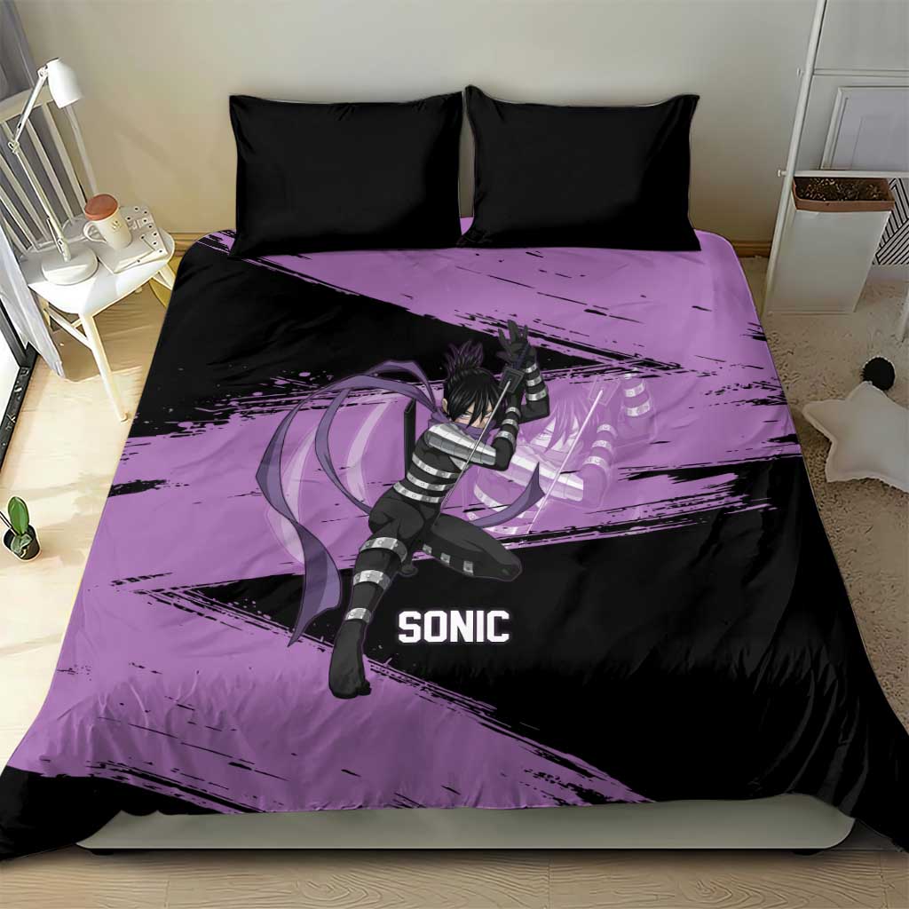 Sonic One Punch Man Anime Purple and Black Theme Bedding Set with Stealth Pose and High-Speed Ninja Design - The Mazicc