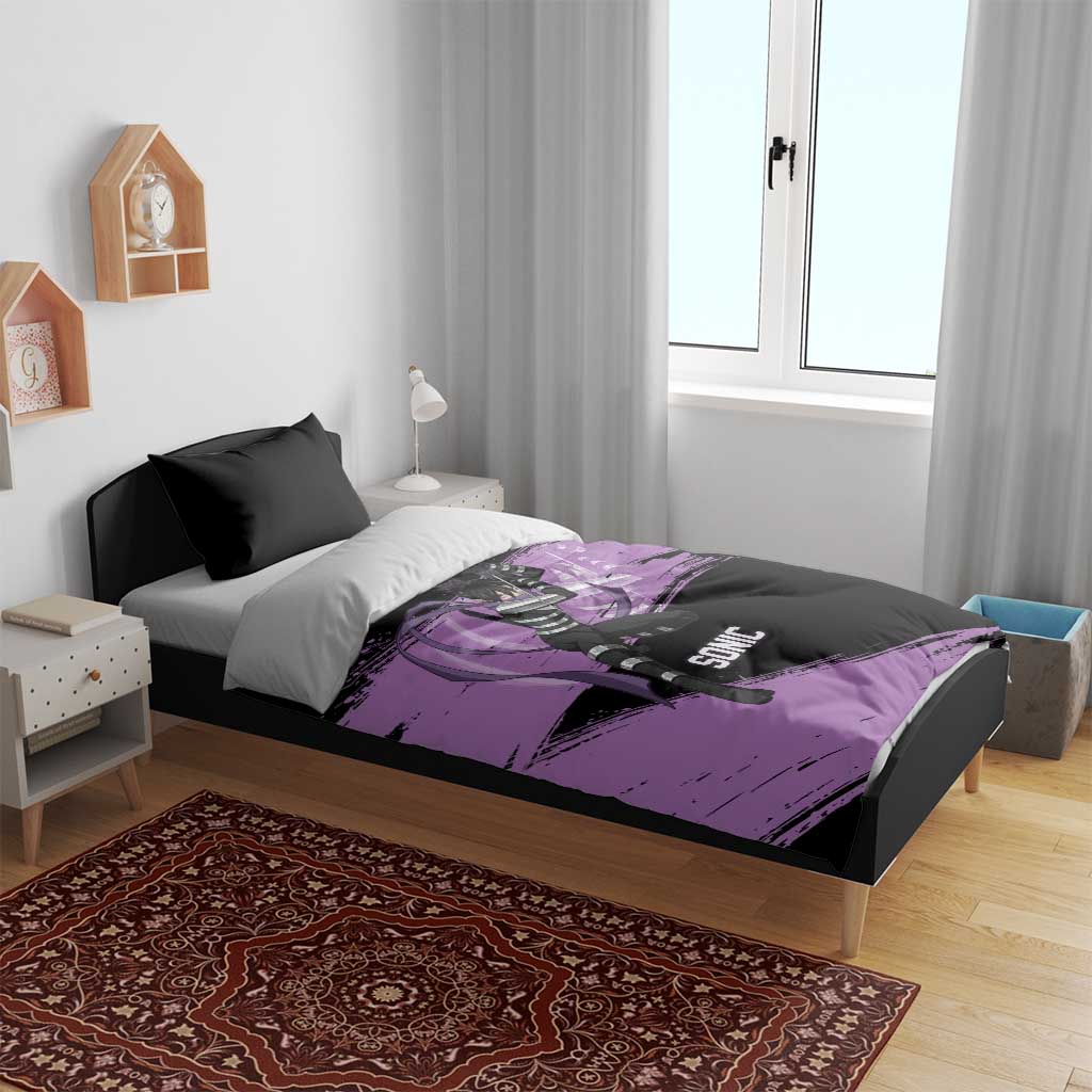 Sonic One Punch Man Anime Purple and Black Theme Bedding Set with Stealth Pose and High-Speed Ninja Design - The Mazicc