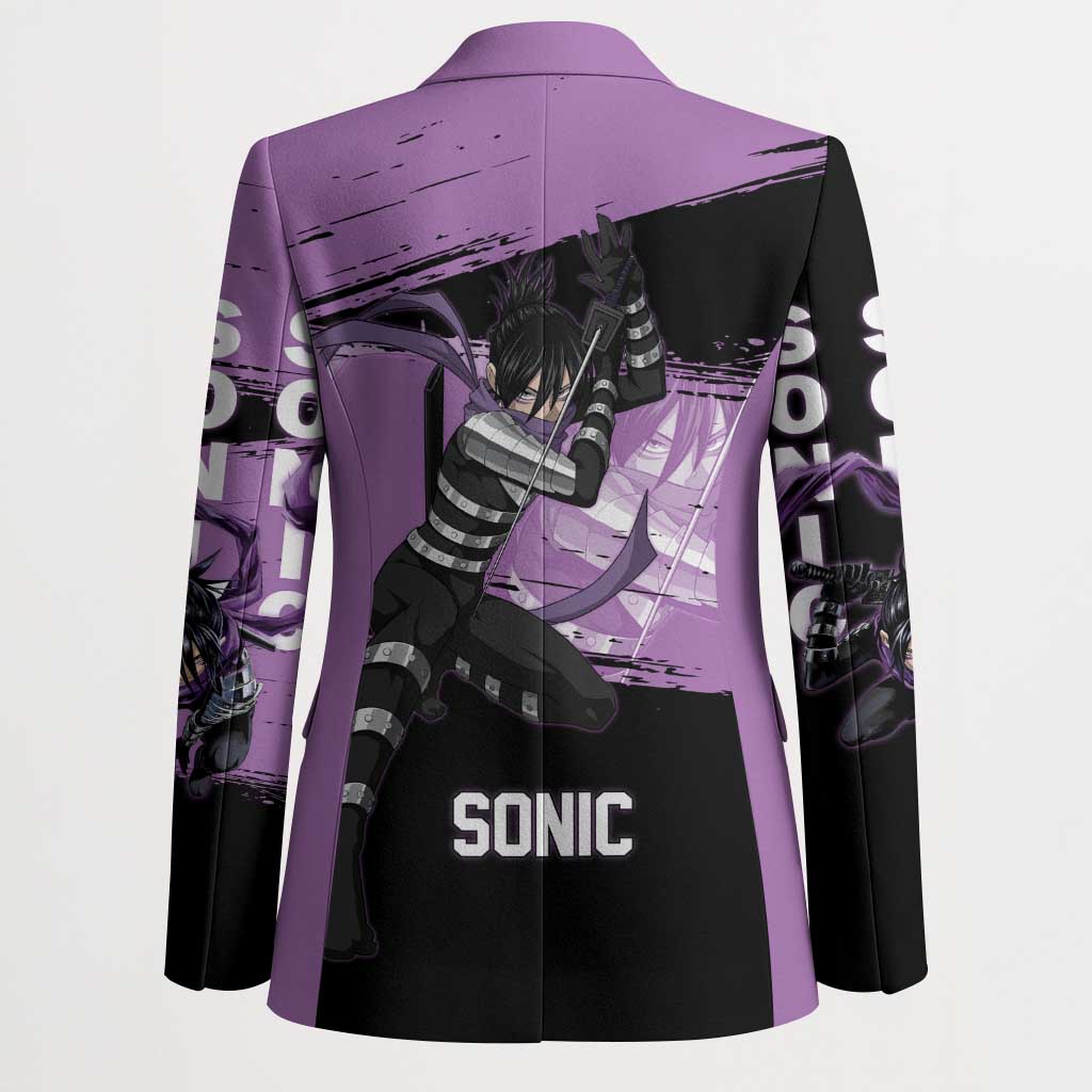 Sonic One Punch Man Anime Purple and Black Theme Blazer with Stealth Pose and High-Speed Ninja Design - The Mazicc