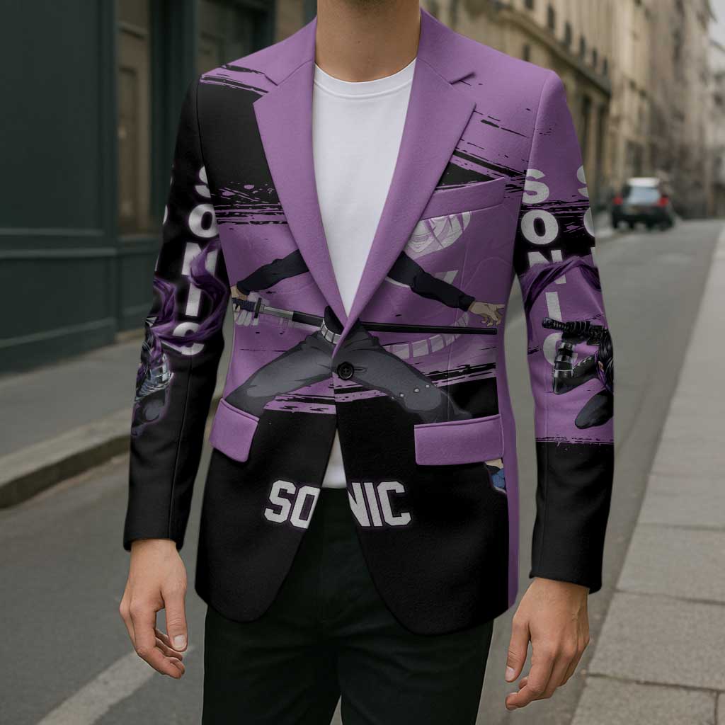 Sonic One Punch Man Anime Purple and Black Theme Blazer with Stealth Pose and High-Speed Ninja Design - The Mazicc