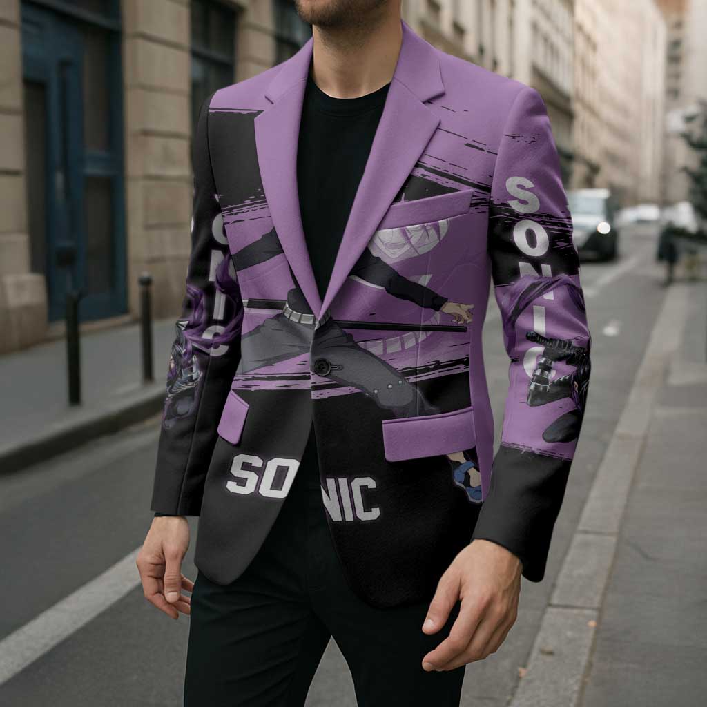 Sonic One Punch Man Anime Purple and Black Theme Blazer with Stealth Pose and High-Speed Ninja Design - The Mazicc