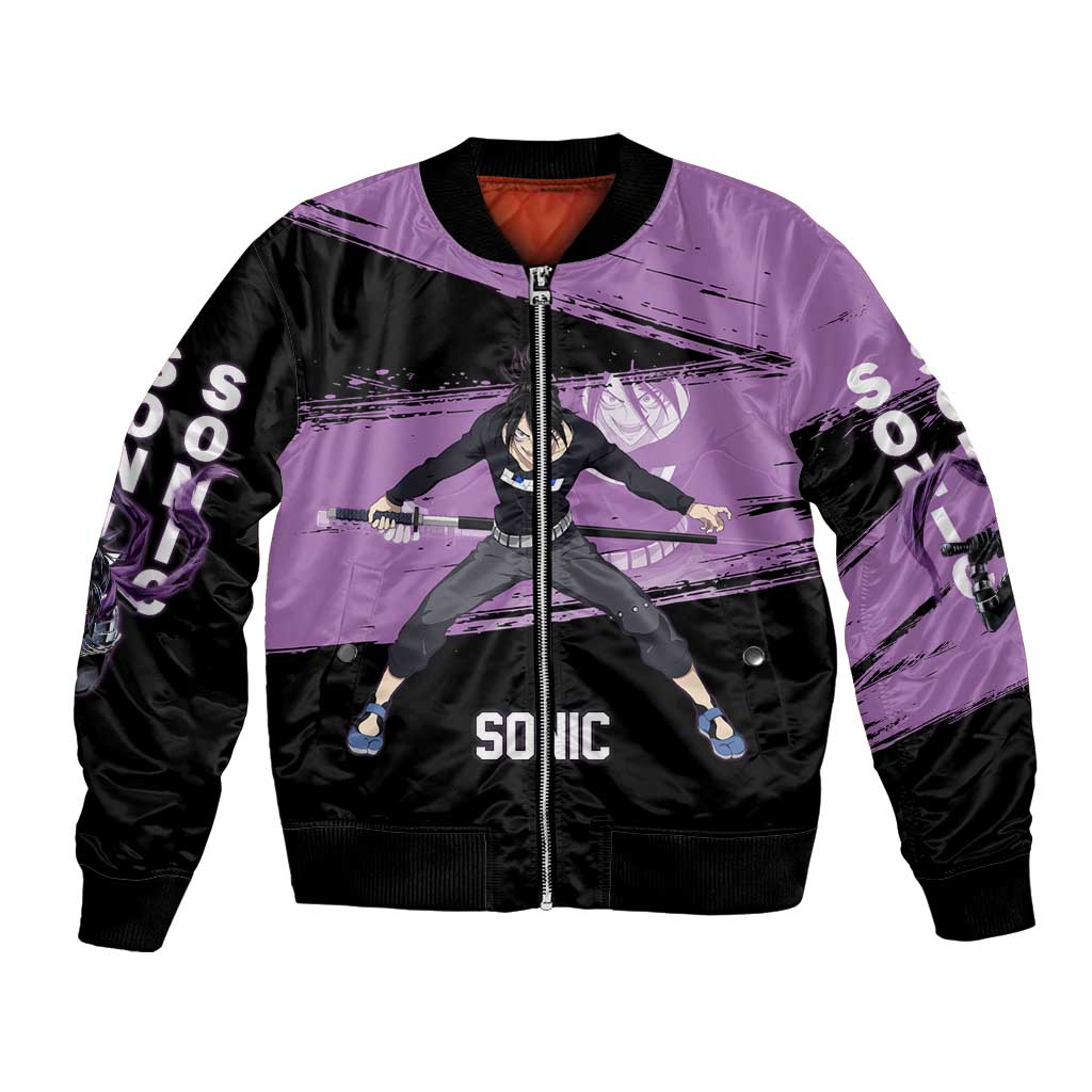 Sonic One Punch Man Anime Purple and Black Theme Bomber Jacket with Stealth Pose and High-Speed Ninja Design - The Mazicc