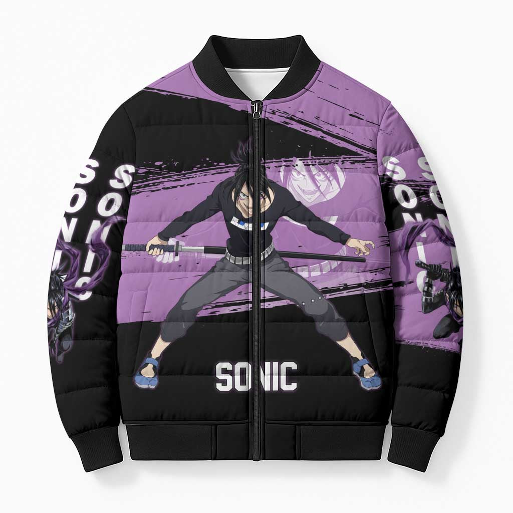 Sonic One Punch Man Anime Purple and Black Theme Bomber Puffer Jacket with Stealth Pose and High-Speed Ninja Design - The Mazicc