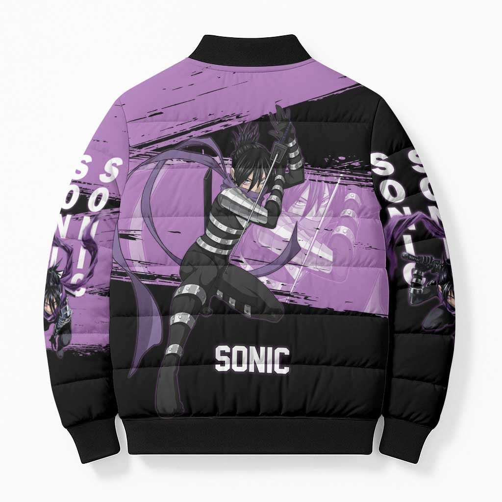 Sonic One Punch Man Anime Purple and Black Theme Bomber Puffer Jacket with Stealth Pose and High-Speed Ninja Design - The Mazicc