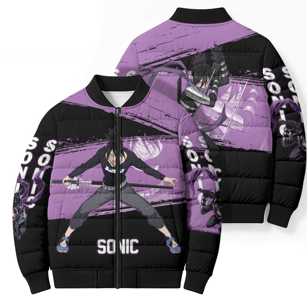 Sonic One Punch Man Anime Purple and Black Theme Bomber Puffer Jacket with Stealth Pose and High-Speed Ninja Design - The Mazicc