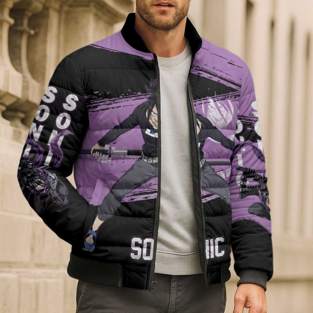 Sonic One Punch Man Anime Purple and Black Theme Bomber Puffer Jacket with Stealth Pose and High-Speed Ninja Design - The Mazicc