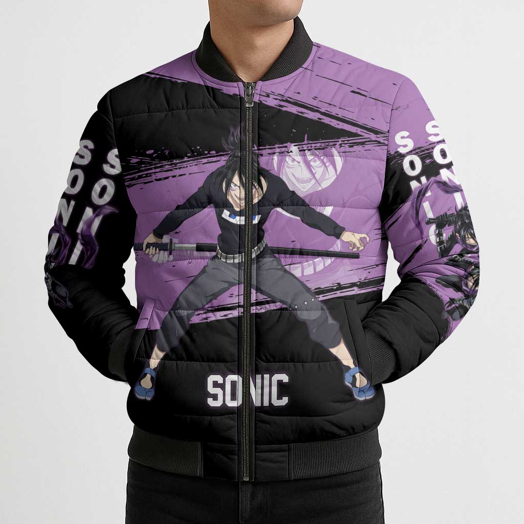 Sonic One Punch Man Anime Purple and Black Theme Bomber Puffer Jacket with Stealth Pose and High-Speed Ninja Design - The Mazicc