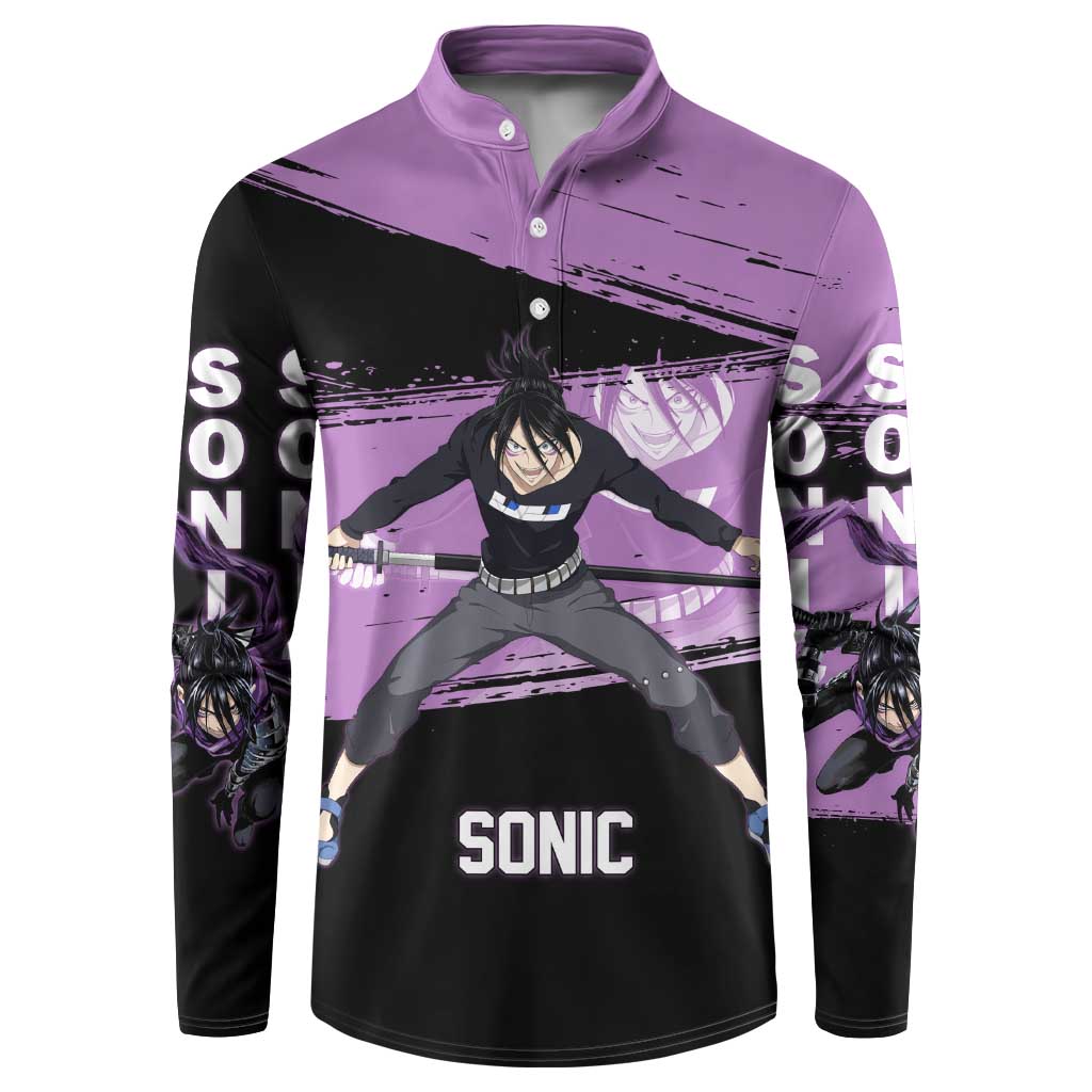 Sonic One Punch Man Anime Purple and Black Theme Button Sweatshirt with Stealth Pose and High-Speed Ninja Design - The Mazicc
