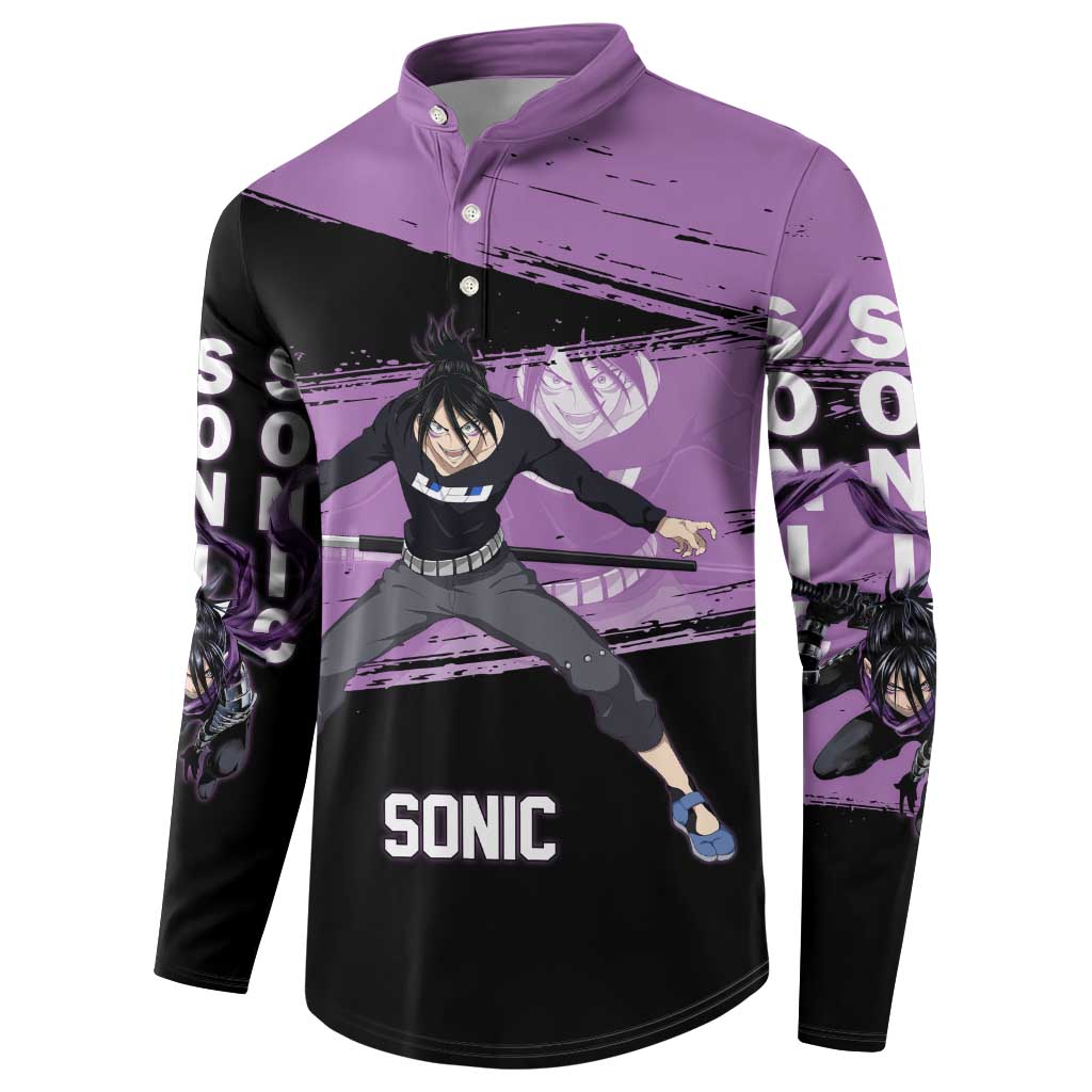 Sonic One Punch Man Anime Purple and Black Theme Button Sweatshirt with Stealth Pose and High-Speed Ninja Design - The Mazicc