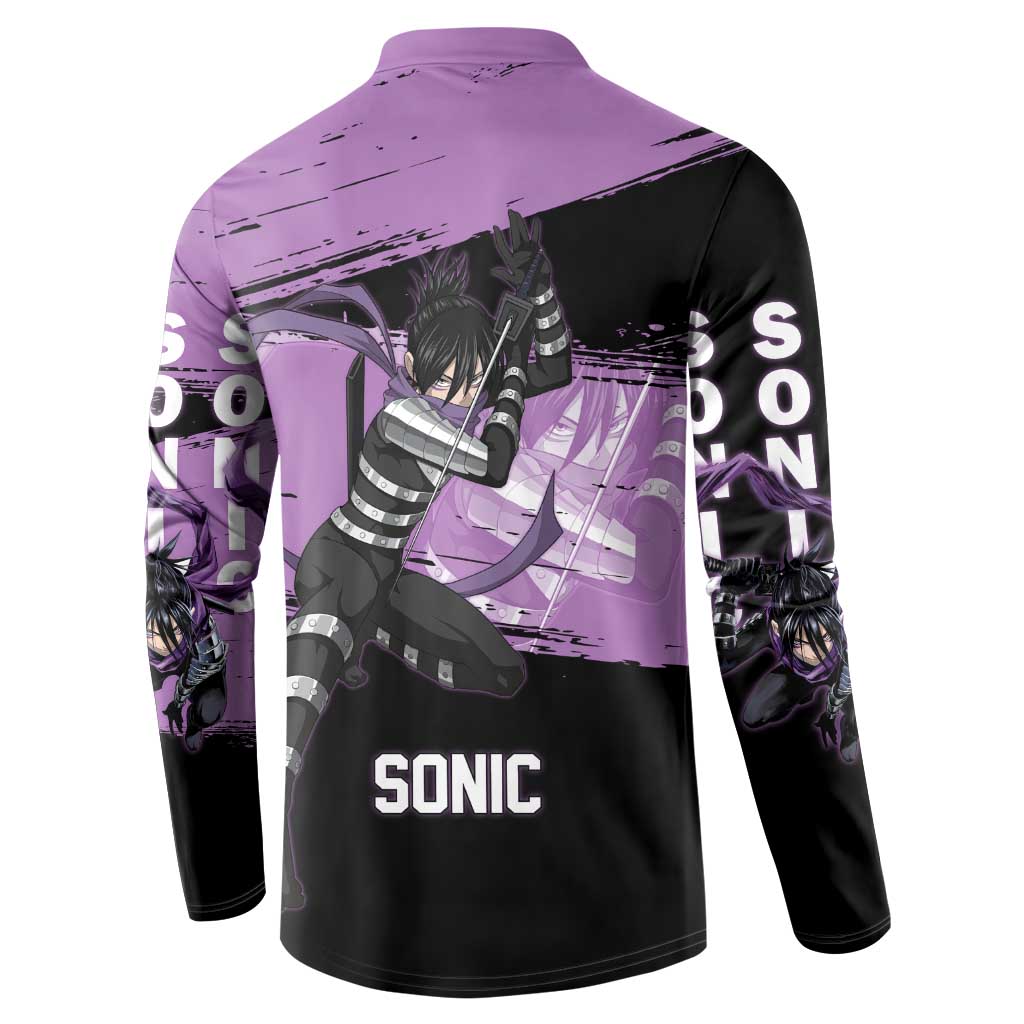 Sonic One Punch Man Anime Purple and Black Theme Button Sweatshirt with Stealth Pose and High-Speed Ninja Design - The Mazicc