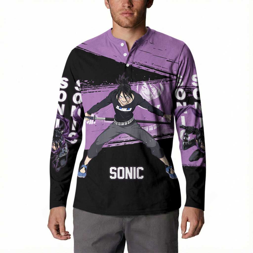 Sonic One Punch Man Anime Purple and Black Theme Button Sweatshirt with Stealth Pose and High-Speed Ninja Design - The Mazicc