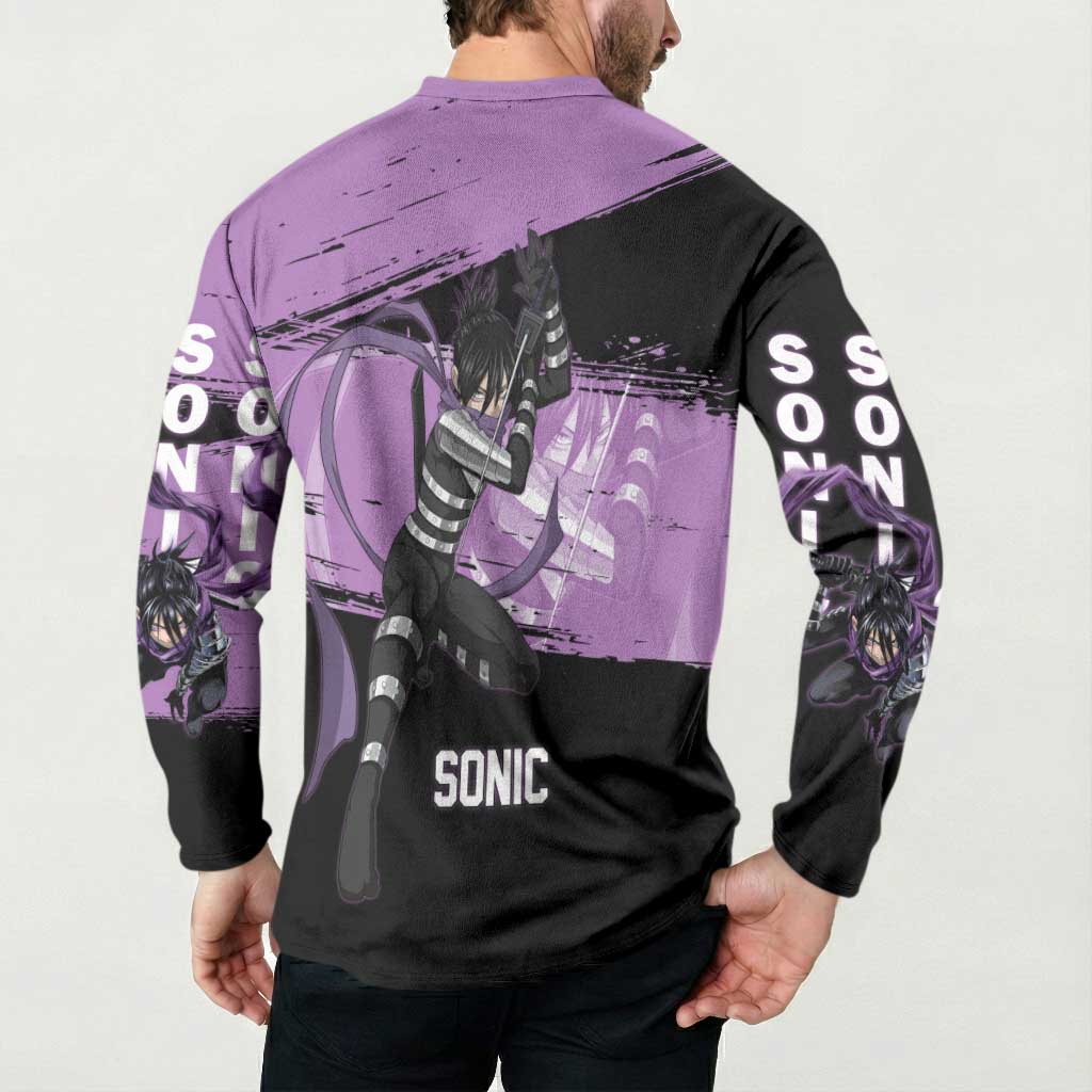 Sonic One Punch Man Anime Purple and Black Theme Button Sweatshirt with Stealth Pose and High-Speed Ninja Design - The Mazicc