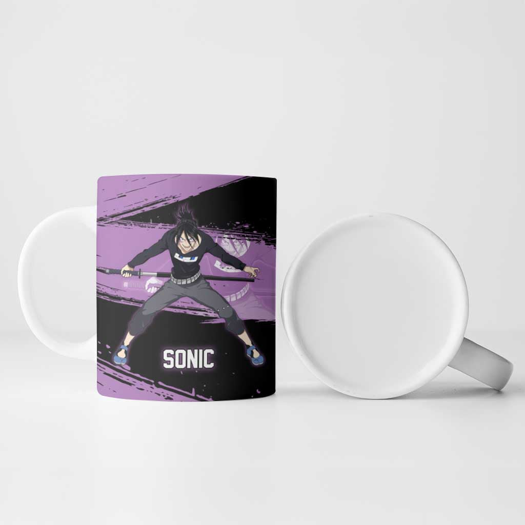 Sonic One Punch Man Anime Purple and Black Theme Ceramic Mug with Stealth Pose and High-Speed Ninja Design - The Mazicc