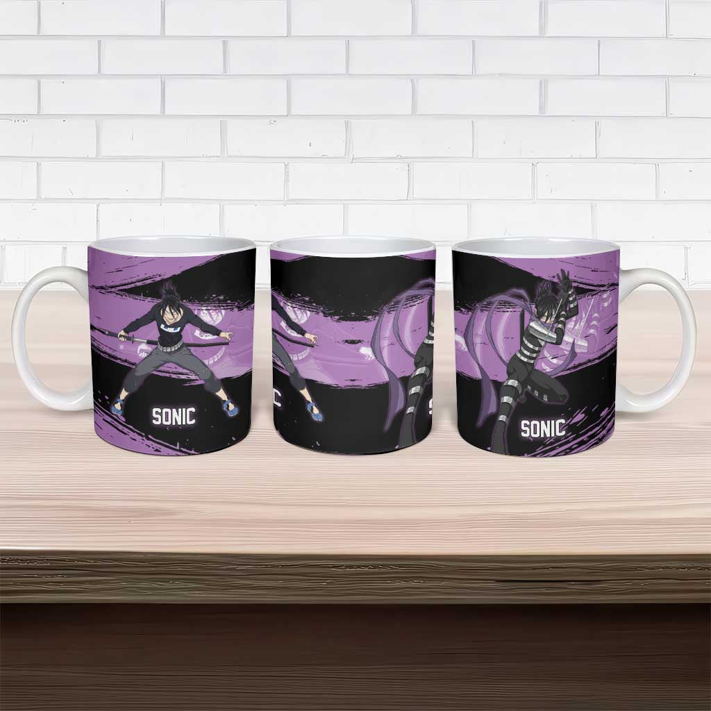 Sonic One Punch Man Anime Purple and Black Theme Ceramic Mug with Stealth Pose and High-Speed Ninja Design - The Mazicc