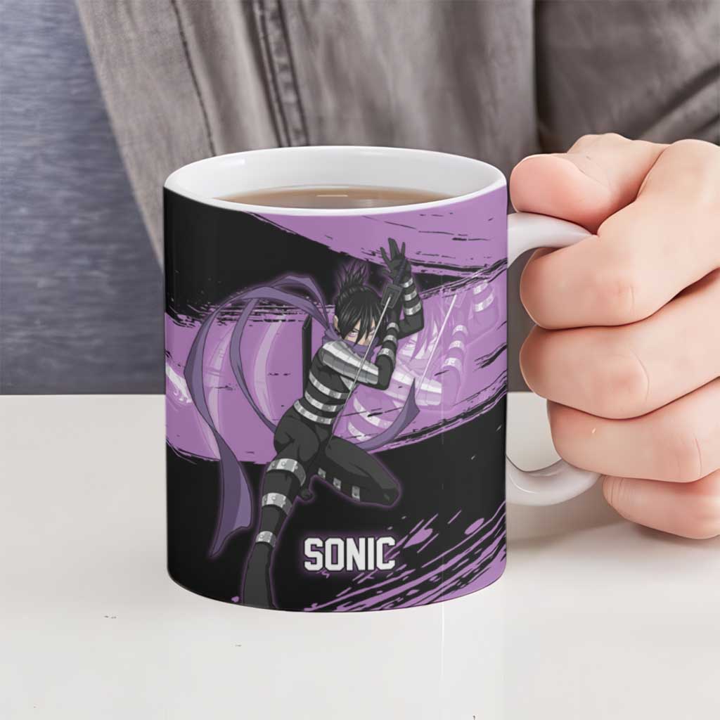 Sonic One Punch Man Anime Purple and Black Theme Ceramic Mug with Stealth Pose and High-Speed Ninja Design - The Mazicc