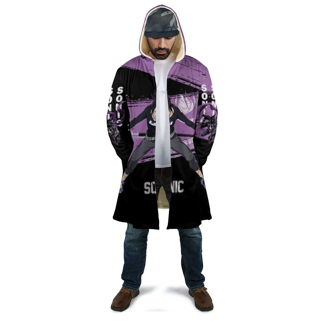 Sonic One Punch Man Anime Purple and Black Theme Cloak with Stealth Pose and High-Speed Ninja Design - The Mazicc