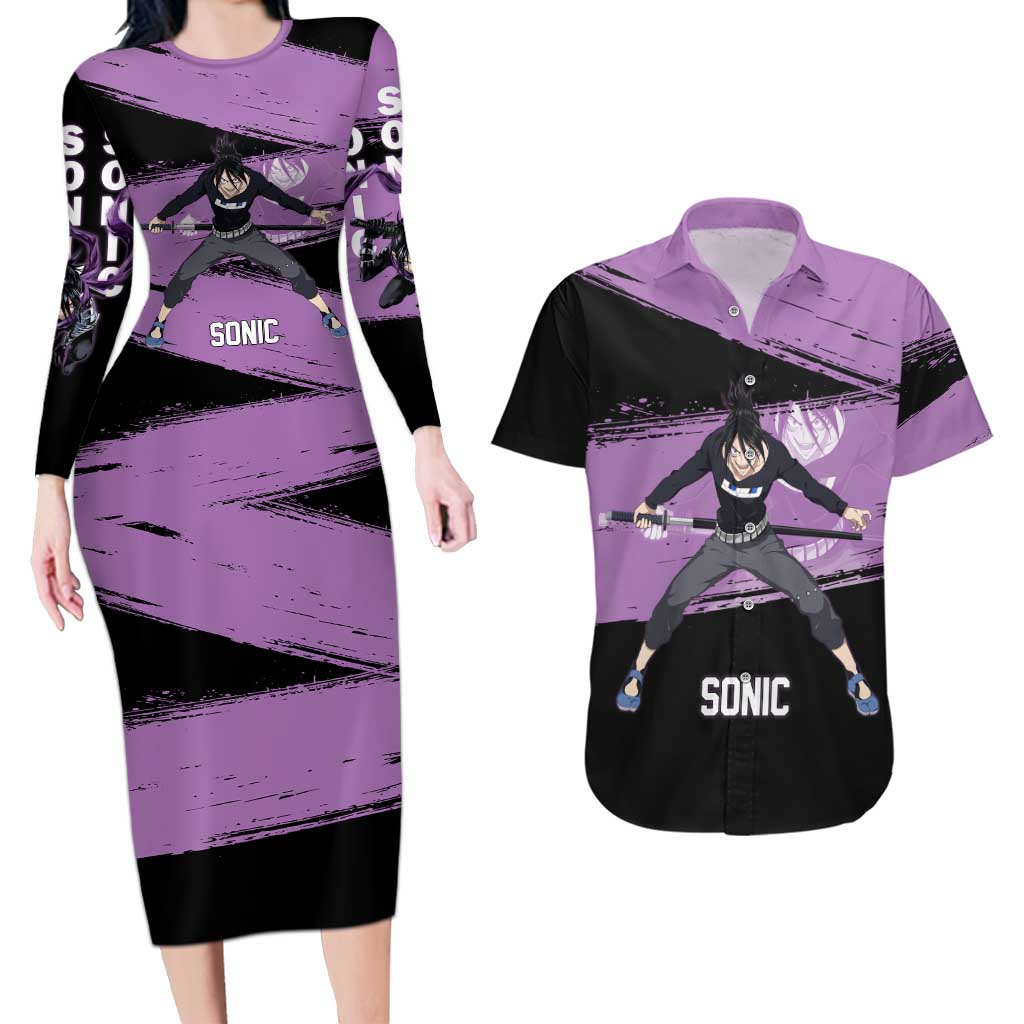 Sonic One Punch Man Anime Purple and Black Theme Couples Matching Long Sleeve Bodycon Dress and Hawaiian Shirt with Stealth Pose and High-Speed Ninja Design - The Mazicc