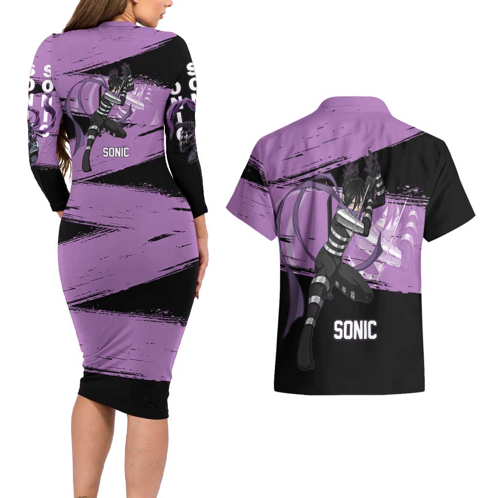 Sonic One Punch Man Anime Purple and Black Theme Couples Matching Long Sleeve Bodycon Dress and Hawaiian Shirt with Stealth Pose and High-Speed Ninja Design - The Mazicc