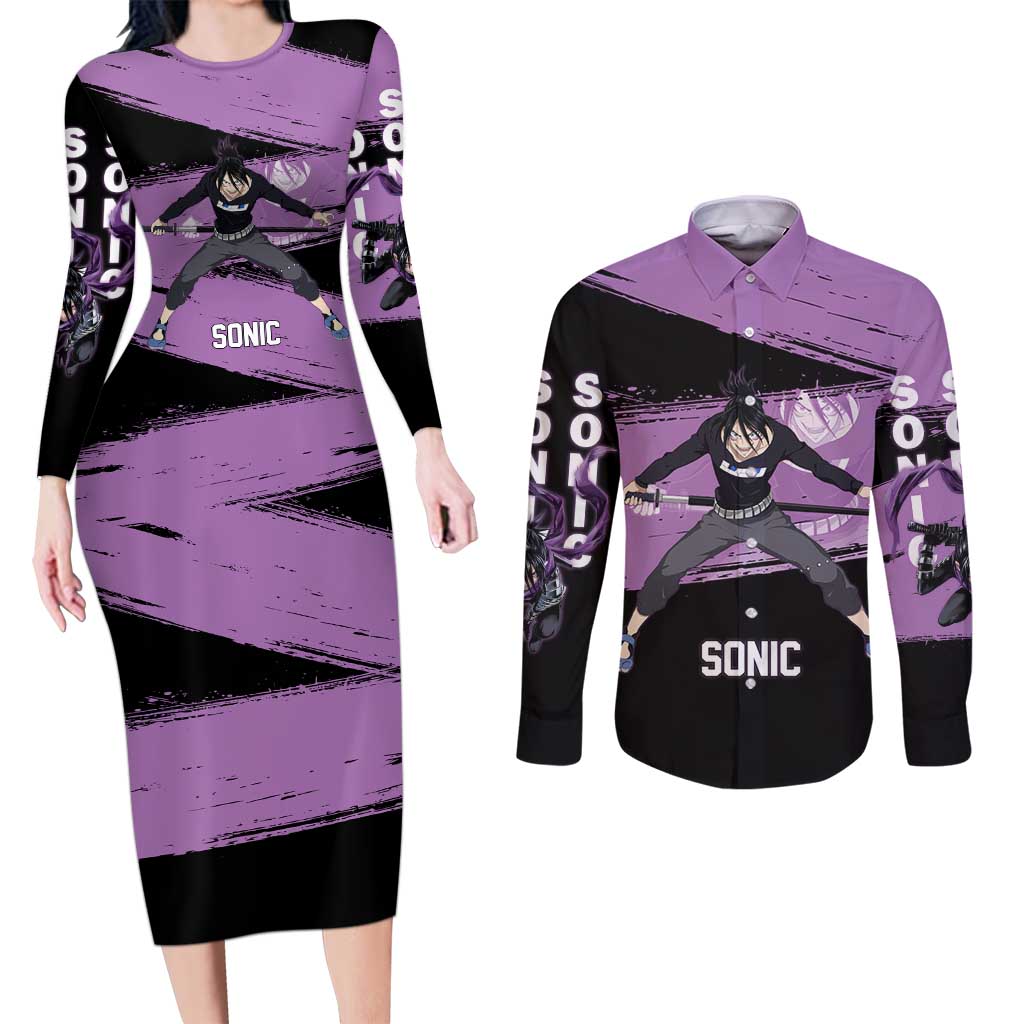 Sonic One Punch Man Anime Purple and Black Theme Couples Matching Long Sleeve Bodycon Dress and Long Sleeve Button Shirt with Stealth Pose and High-Speed Ninja Design - The Mazicc