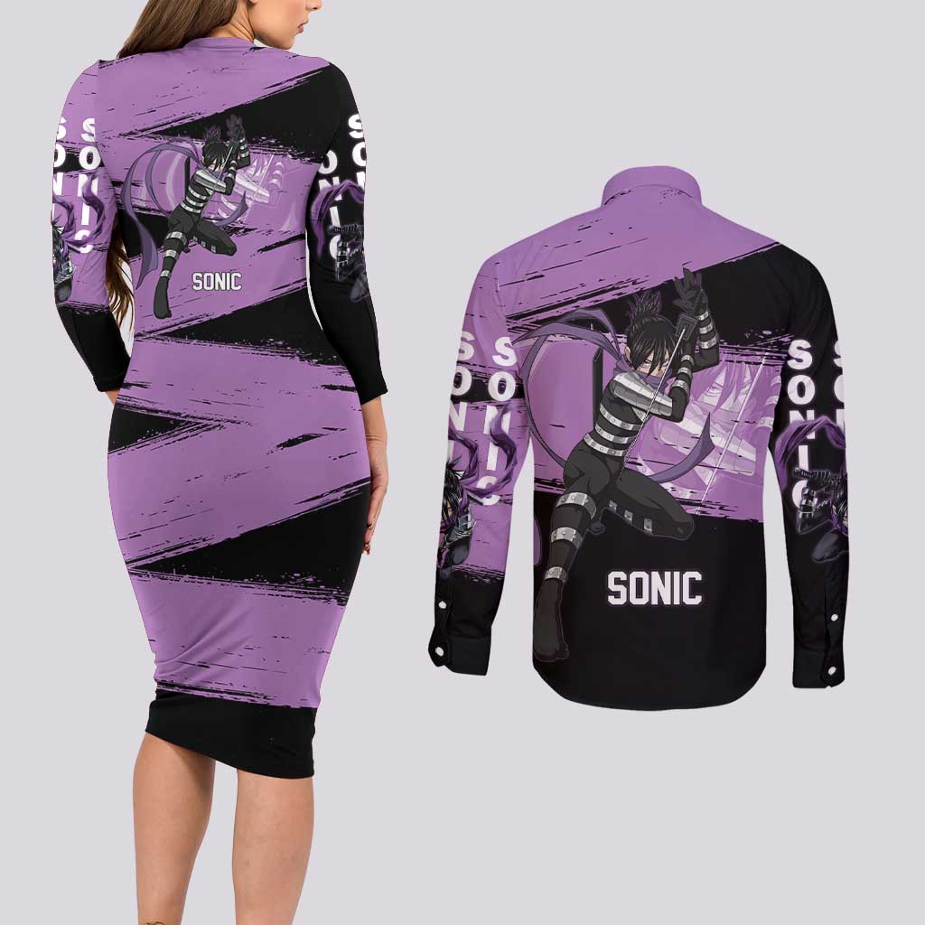 Sonic One Punch Man Anime Purple and Black Theme Couples Matching Long Sleeve Bodycon Dress and Long Sleeve Button Shirt with Stealth Pose and High-Speed Ninja Design - The Mazicc