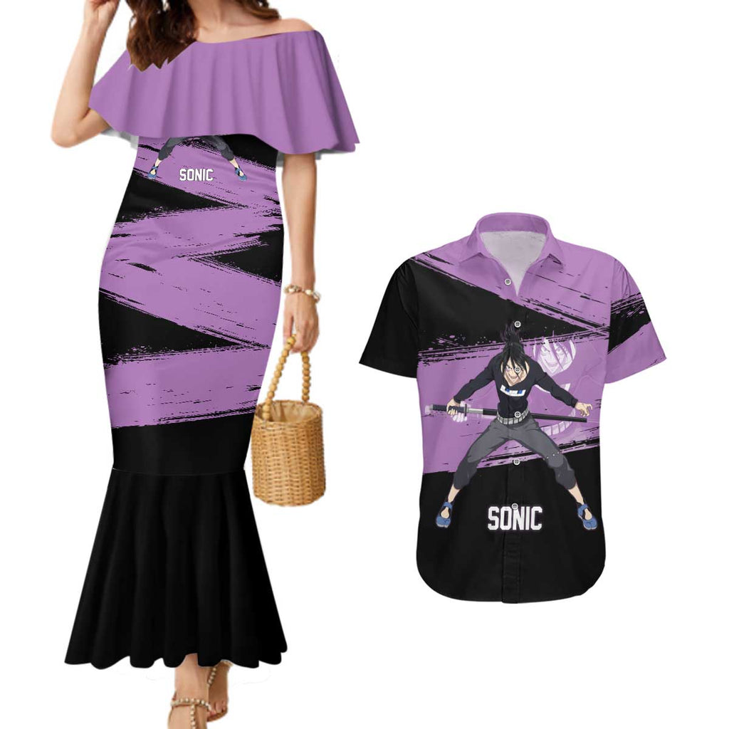Sonic One Punch Man Anime Purple and Black Theme Couples Matching Mermaid Dress and Hawaiian Shirt with Stealth Pose and High-Speed Ninja Design - The Mazicc