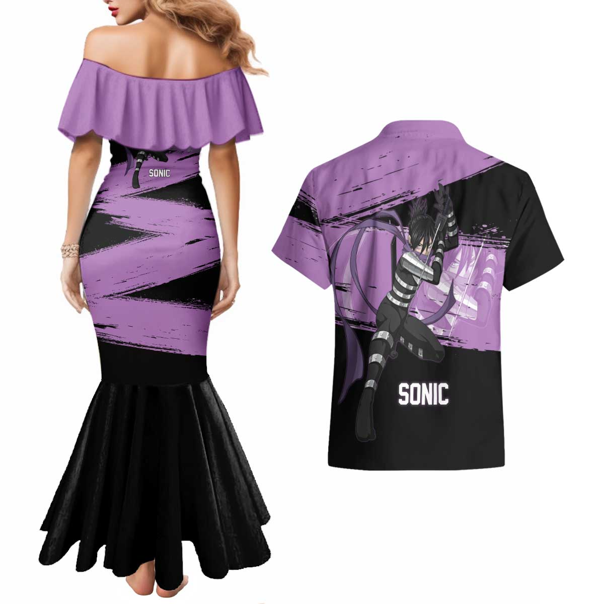 Sonic One Punch Man Anime Purple and Black Theme Couples Matching Mermaid Dress and Hawaiian Shirt with Stealth Pose and High-Speed Ninja Design - The Mazicc